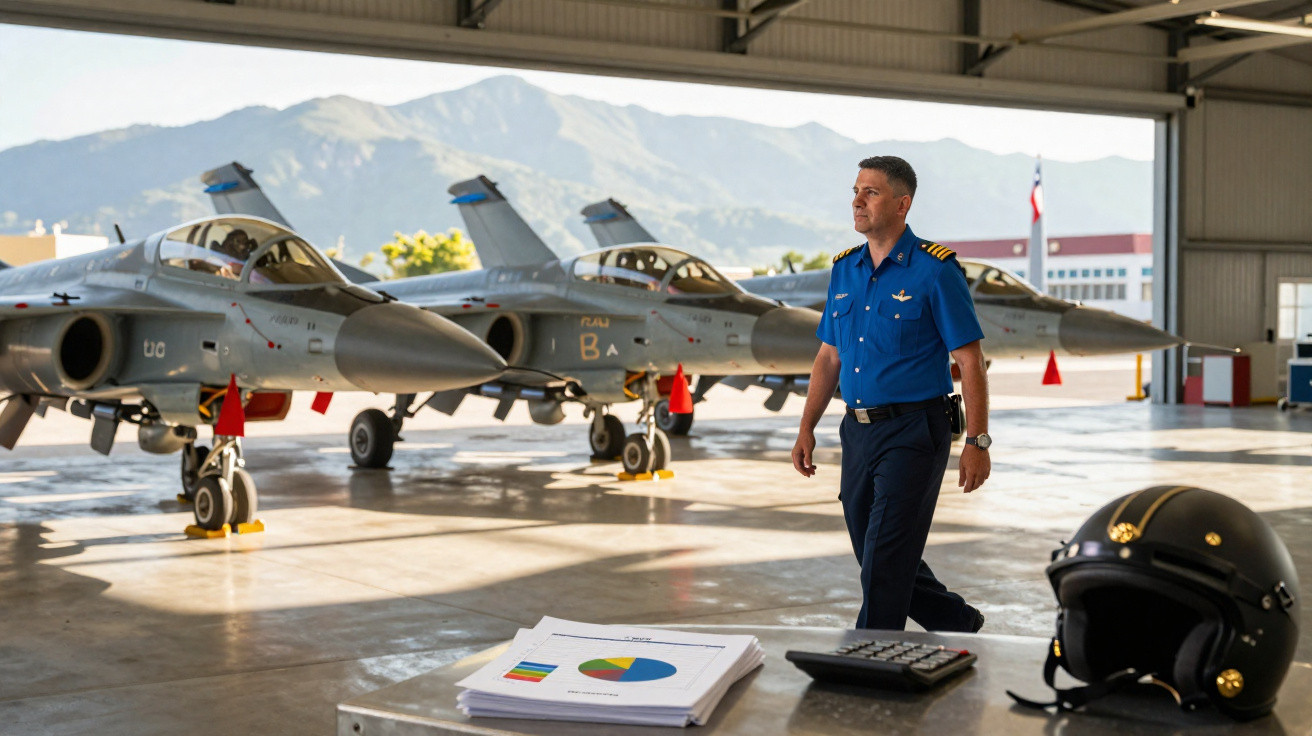 Militar em uniforme azul a caminhar numa base aérea com caças estacionados e montanhas ao fundo.