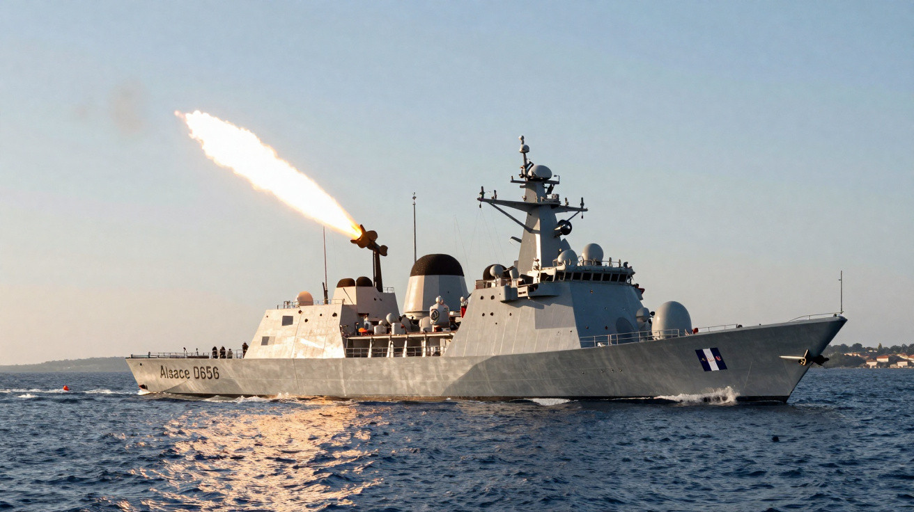 Navio de guerra francês Alsace D656 a disparar míssil no mar ao pôr do sol.
