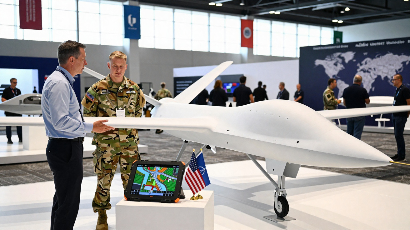 Dois homens junto a um drone branco grande em exposição, com tablet e bandeiras dos EUA e NATO à frente.