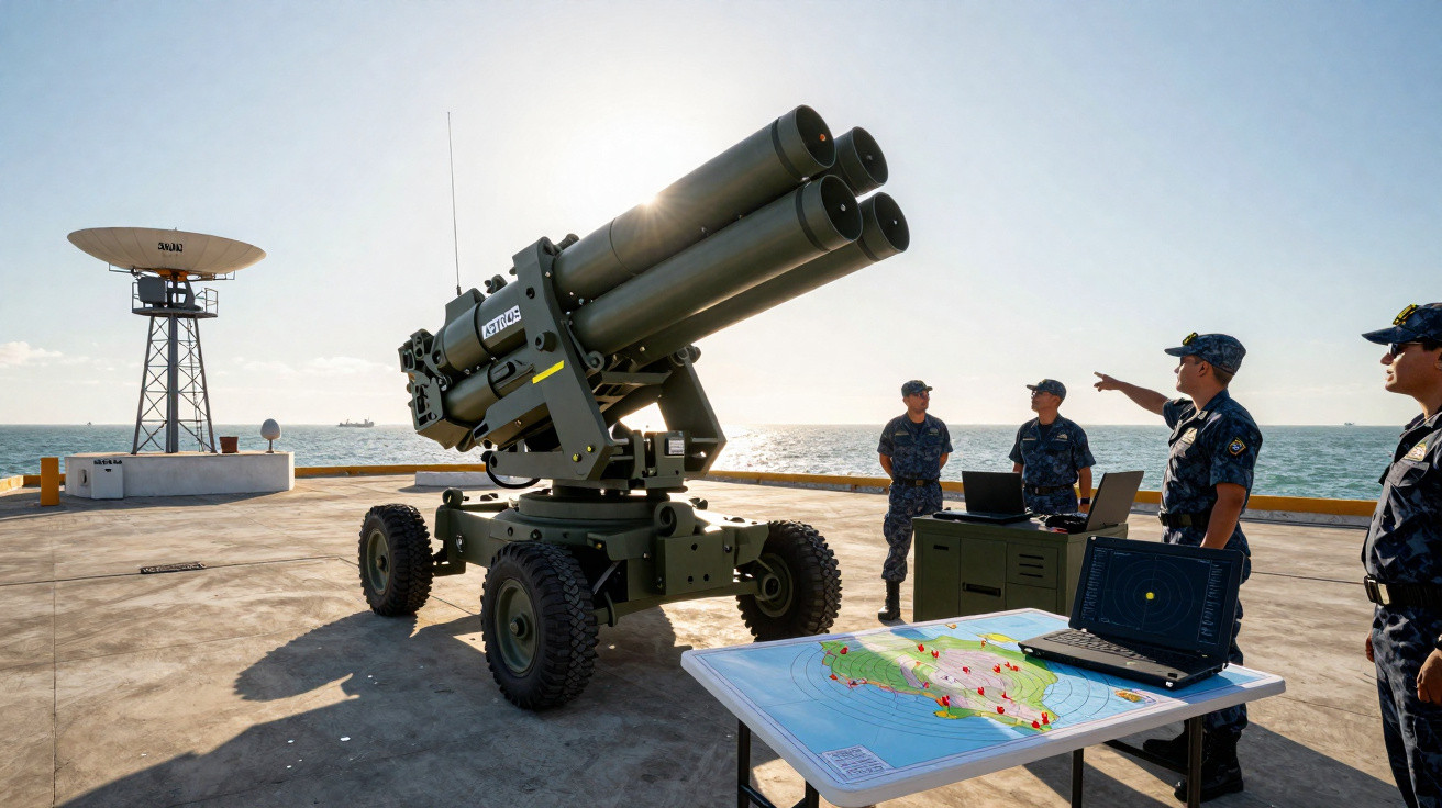 Militares em uniforme naval operam sistema de artilharia automática na base marítima junto ao mar.