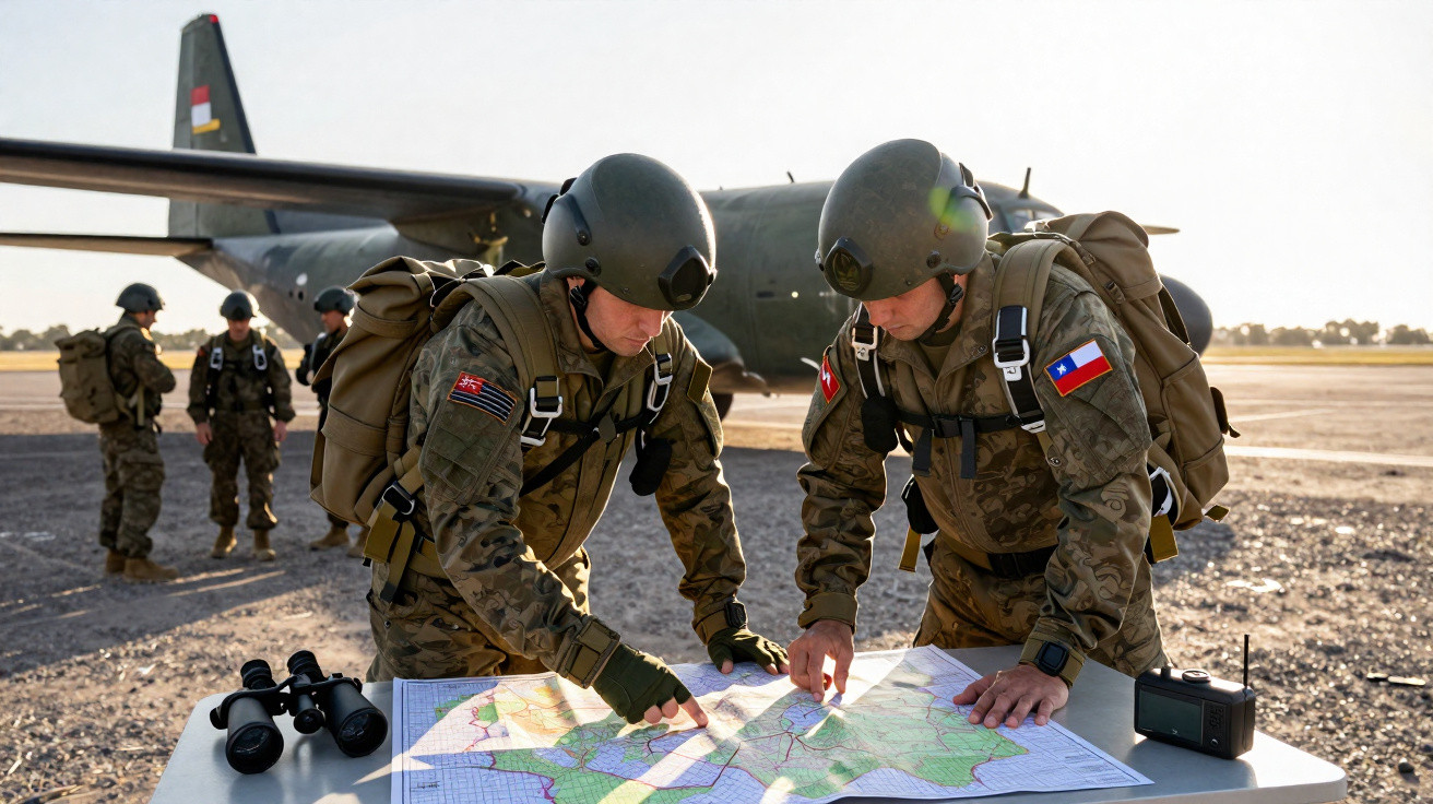 Dois soldados em uniforme e capacete examinam um mapa numa mesa, com avião militar ao fundo ao pôr do sol.