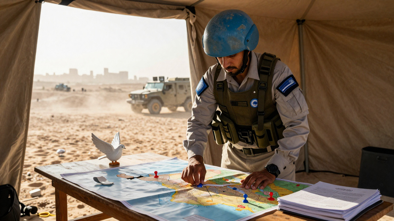 Militar de capacete azul e colete a analisar mapa numa tenda em ambiente desértico com veículo militar ao fundo.