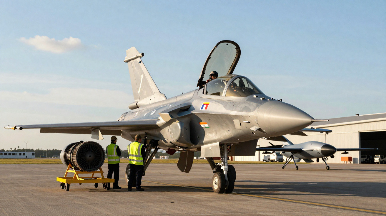 Avião militar estacionado num aeroporto com duas pessoas em coletes à beira da aeronave.