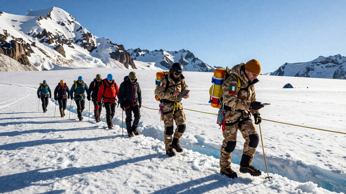 Grupo de montanhistas militares equipados caminham em fila na neve com montanhas ao fundo.