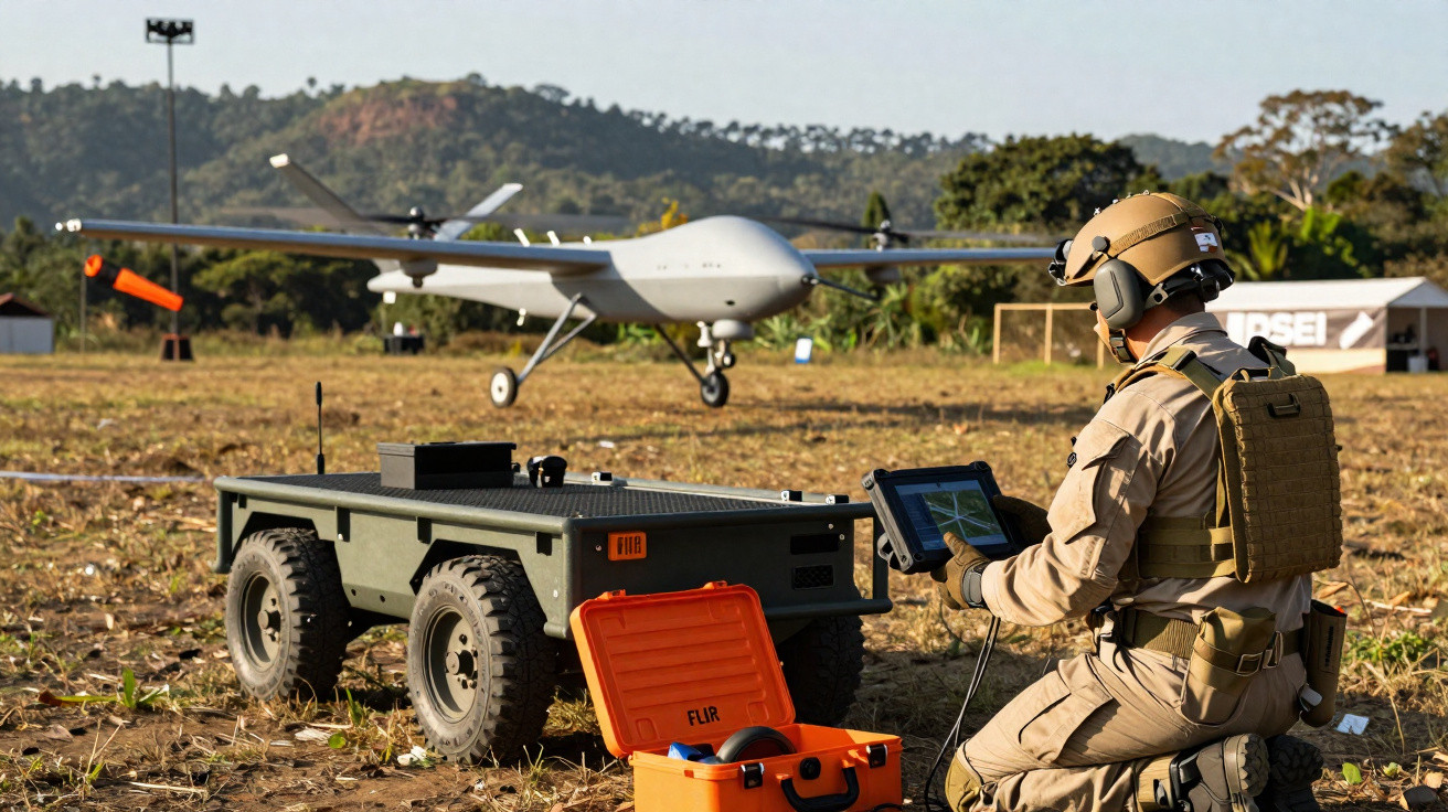 Soldado em uniforme tático opera drone com tablet, ao lado de veículo terrestre e equipamento de controlo em campo aberto.