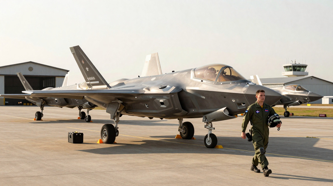 Caça F-35 numa pista de aeroporto militar com piloto a caminhar com fato de voo e capacete na mão.