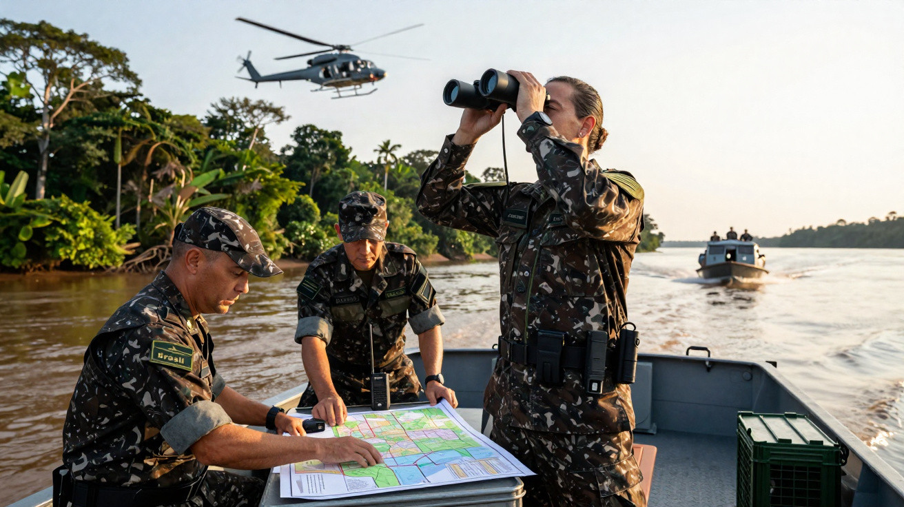 Militares brasileiros numa embarcação a observar mapas e usar binóculos, com helicóptero e outra embarcação ao fundo.