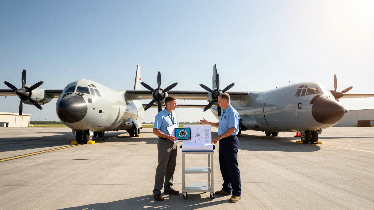 Dois técnicos militares em uniforme azul falam com plantas e tablet entre duas aeronaves militares no pátio.