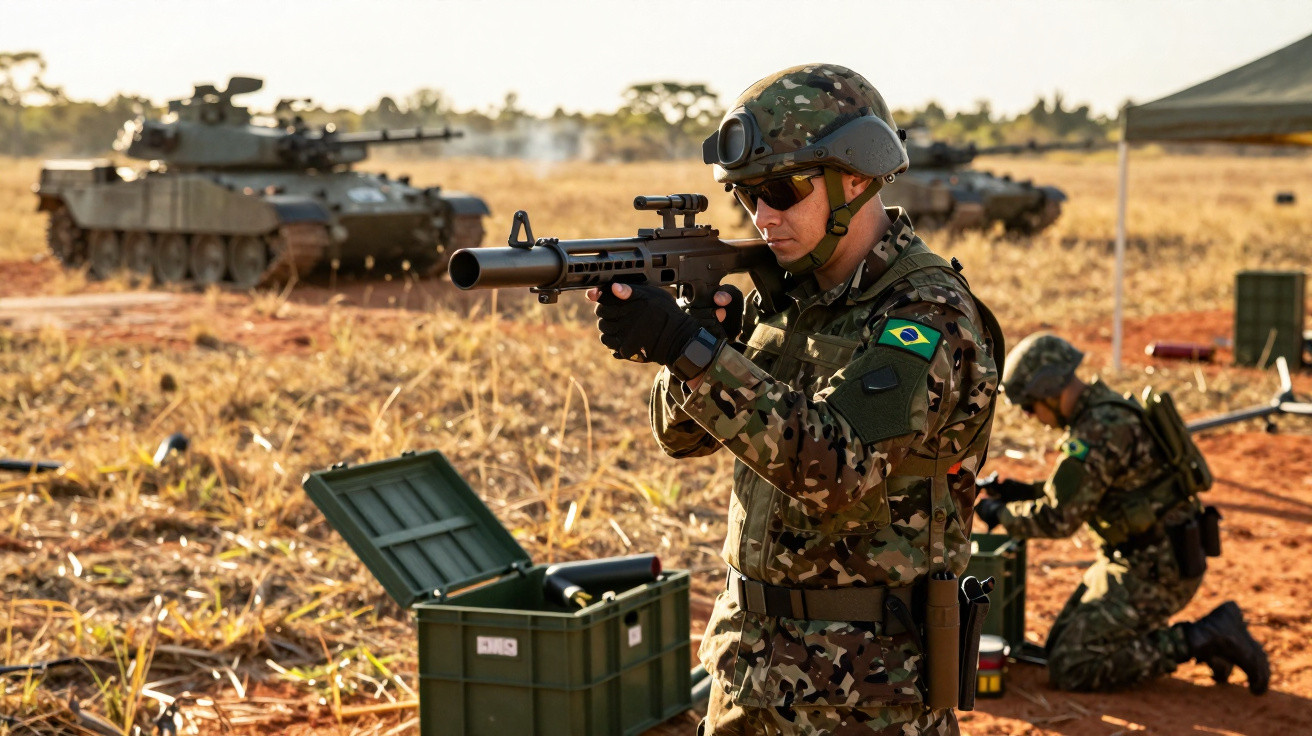 Soldado brasileiro em treino militar com arma, tanque e material bélico em campo aberto.