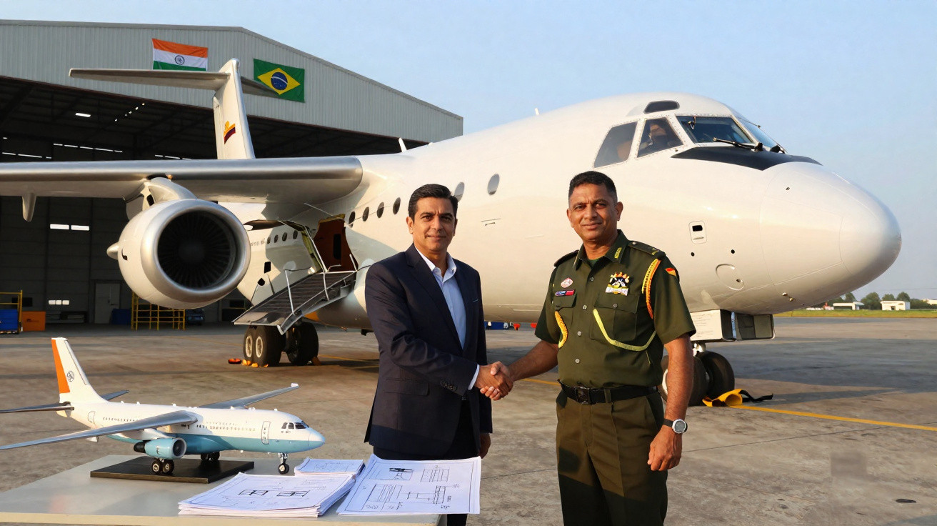 Dois homens, um de fato e um militar, apertam as mãos junto a um avião branco e maquete num aeródromo.