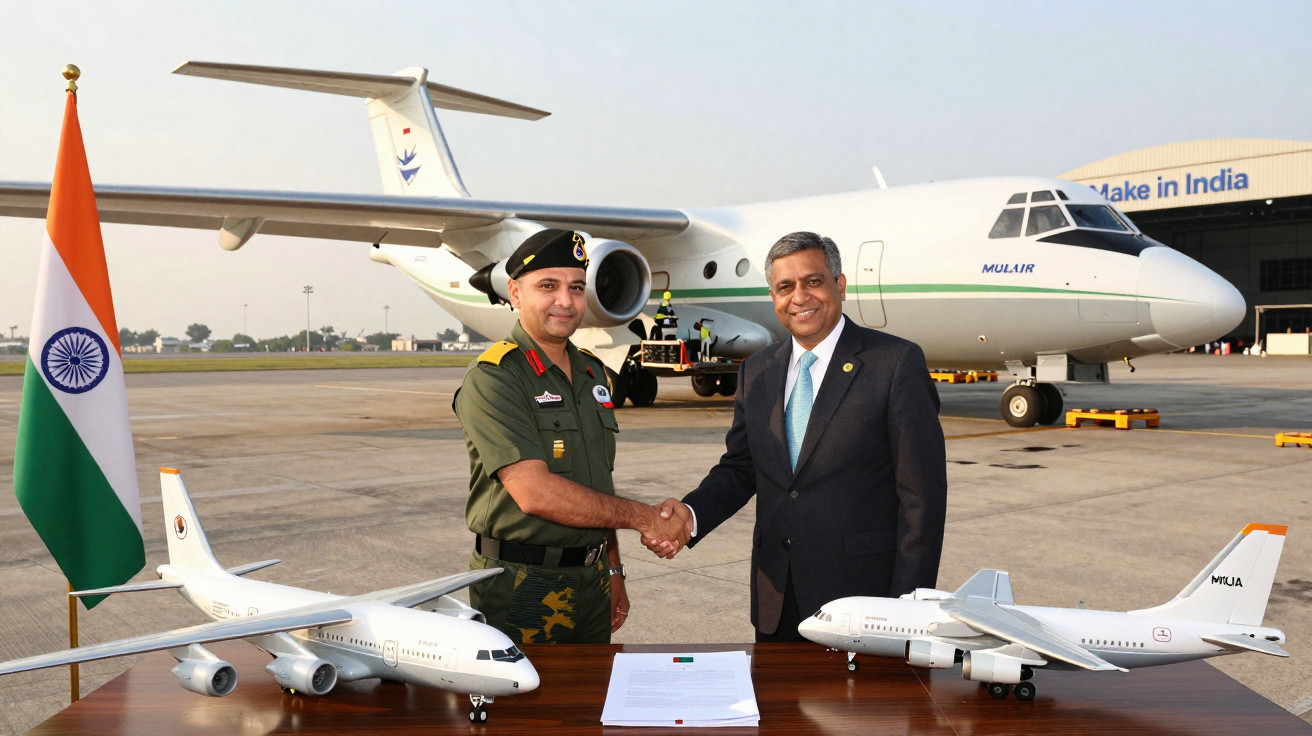 Militar e homem de negócios apertam mãos junto a modelos de aviões, avião real e bandeira da Índia num aeroporto.