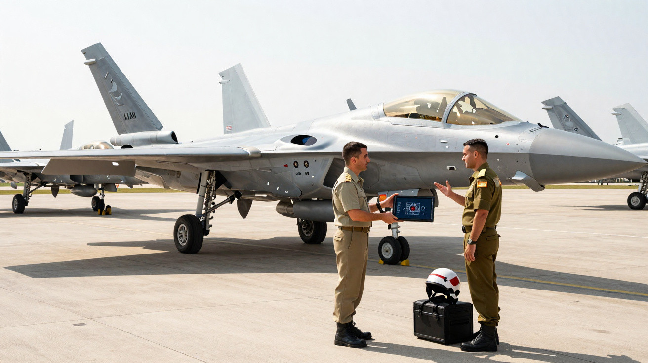Dois pilotos militares conversam ao lado de um caça estacionado numa pista de aeroporto.