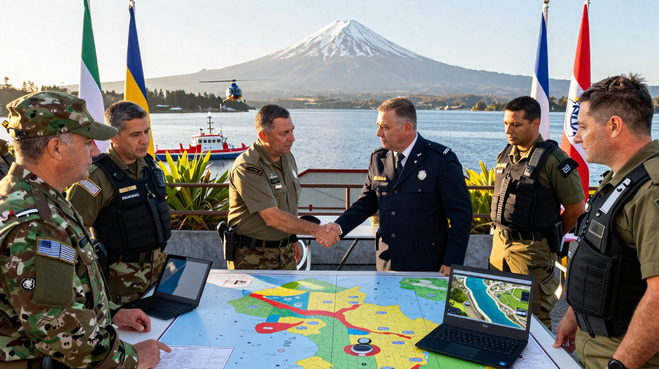 Soldados de várias forças militares apertam as mãos junto a mesa com mapa, com monte nevado ao fundo.