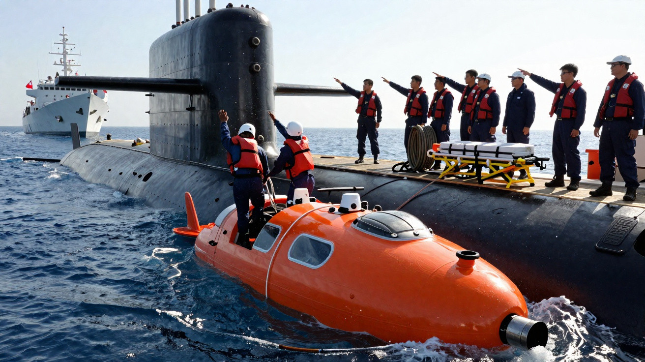 Submarino com tripulação a bordo recebendo um pequeno submarino laranja no mar aberto.