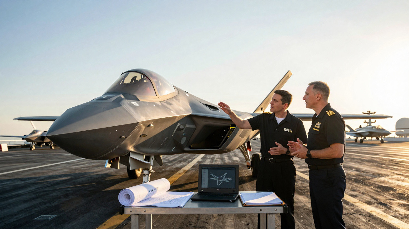 Dois militares ao lado de um caça furtivo numa base aérea com mesa e computador com desenho do avião.