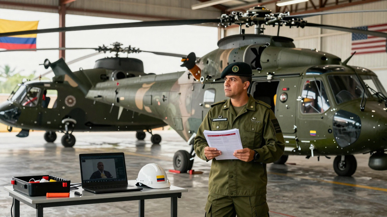 Militar em uniforme verde com documentos diante de dois helicópteros militares num hangar.