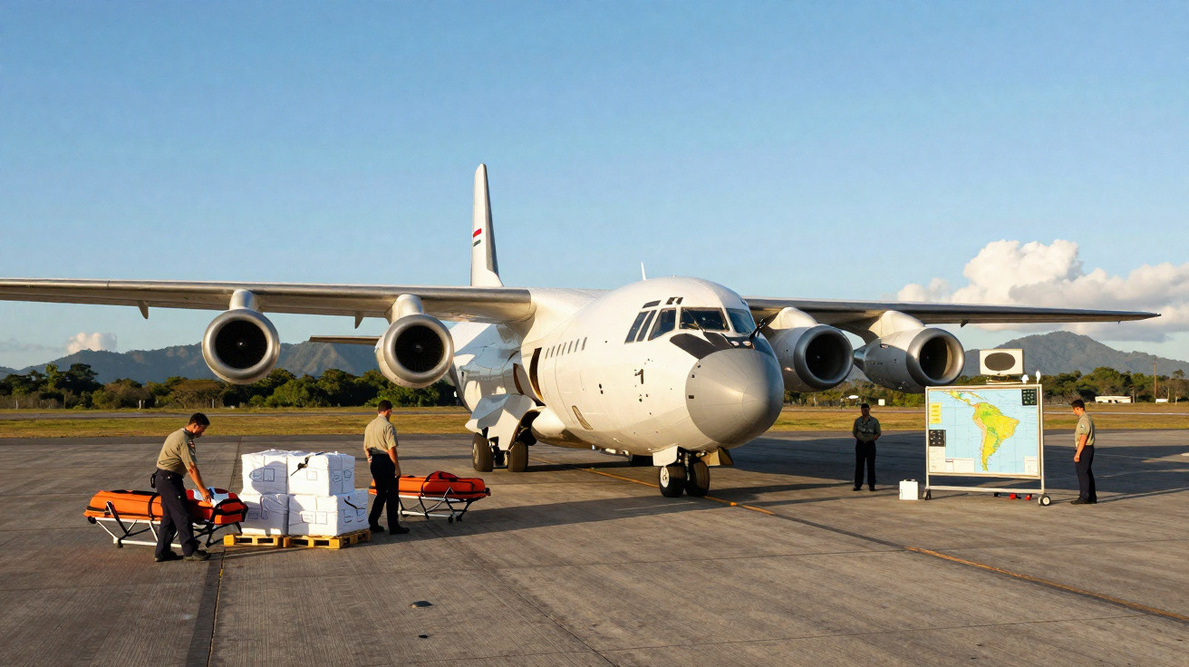 Avião militar branco em pista com militares e equipamento logístico ao lado ao pôr do sol.