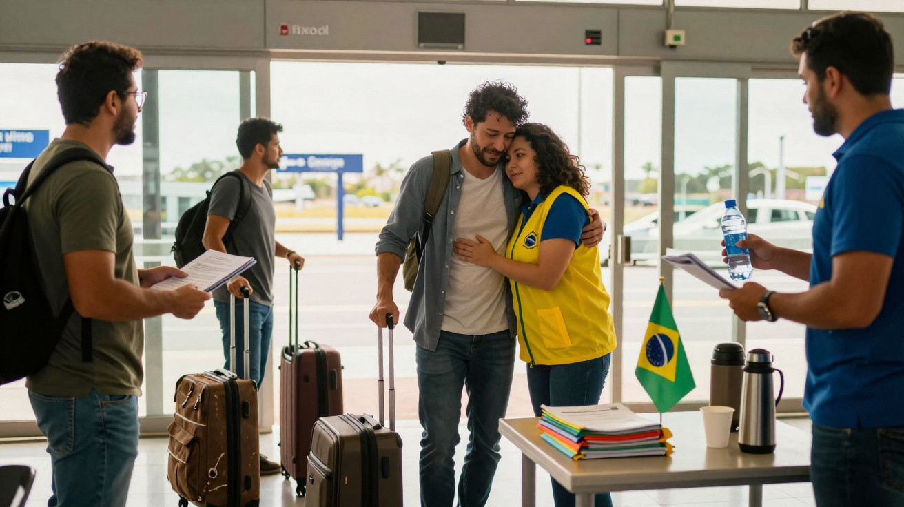 Ponto de acolhimento com voluntária a abraçar homem entre pessoas com bagagens numa entrada de aeroporto.