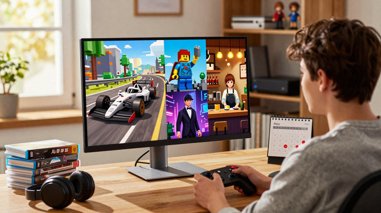 Jovem a jogar videojogos de corrida e personagens LEGO num computador numa mesa com auscultadores e jogos.