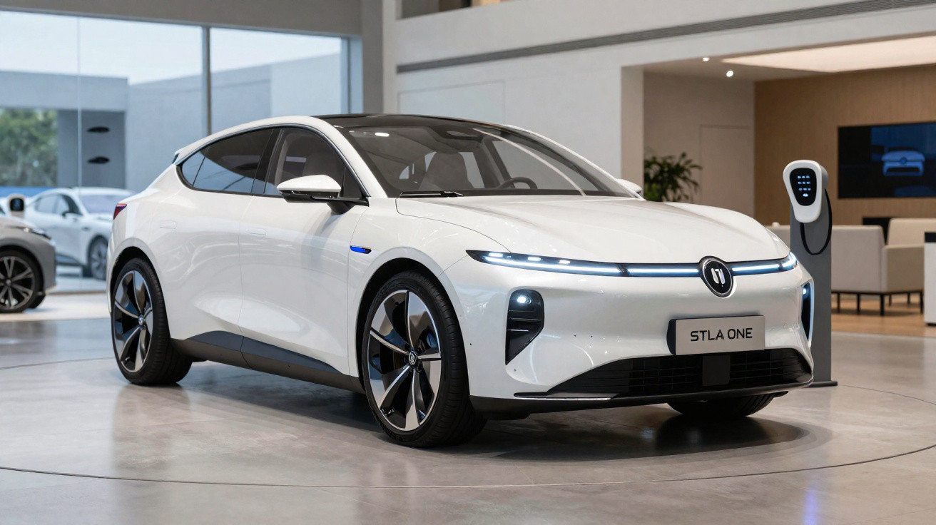 Carro elétrico branco moderno estacionado em showroom com estação de carregamento ao lado.