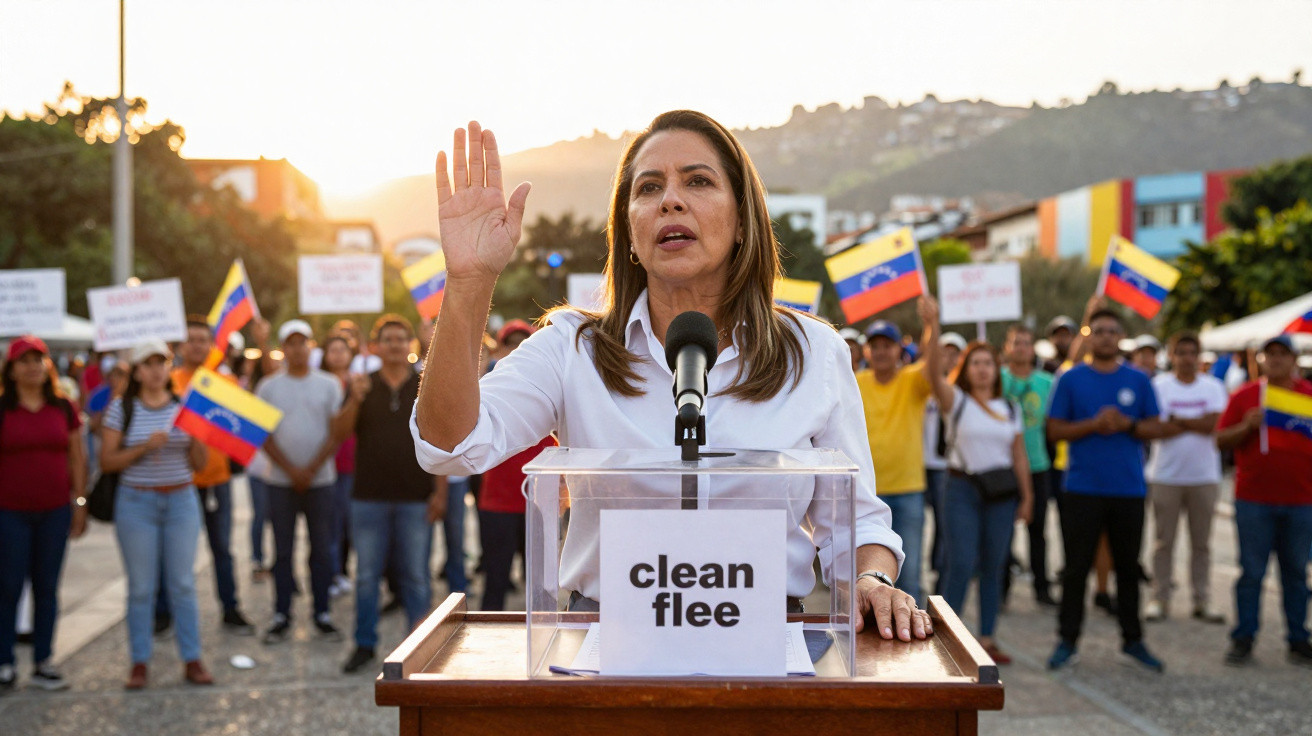 Mulher a discursar num pódio com microfone, apoiada por multidão com bandeiras da Venezuela.