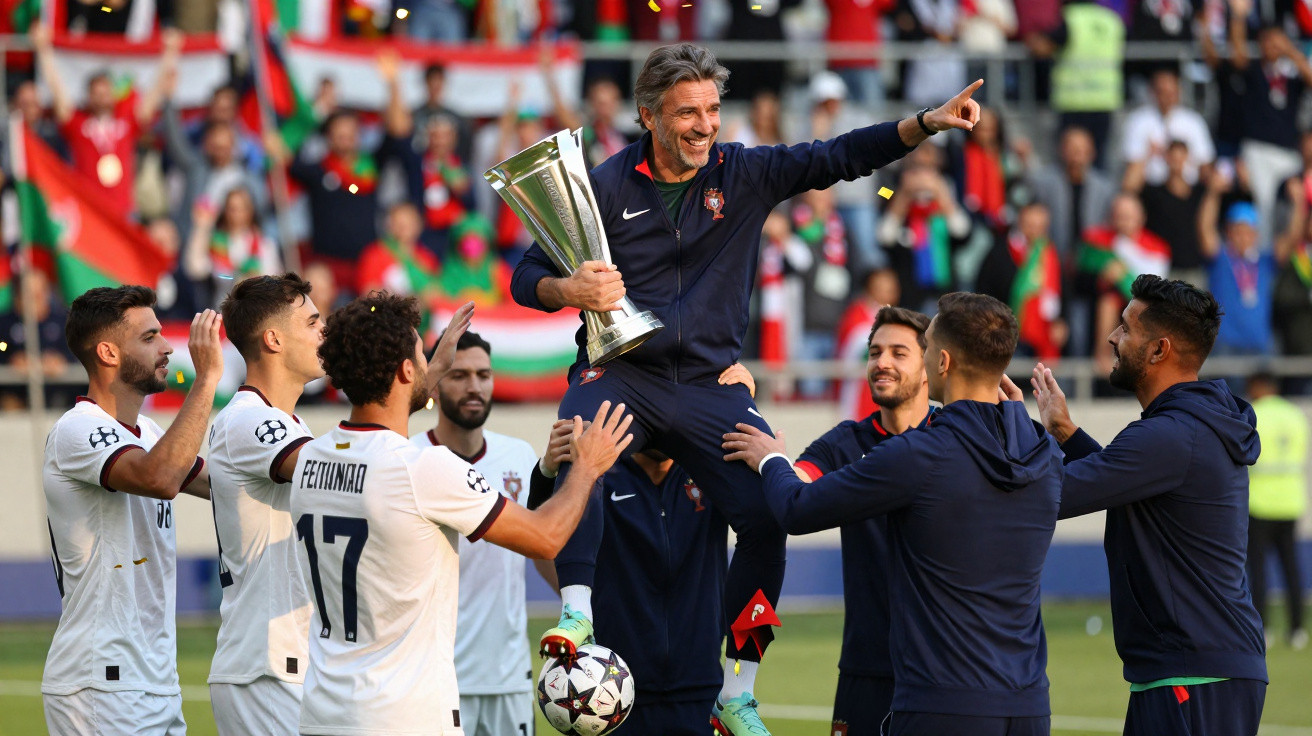 Treinador português erguido por jogadores celebra vitória com taça num estádio cheio de adeptos.