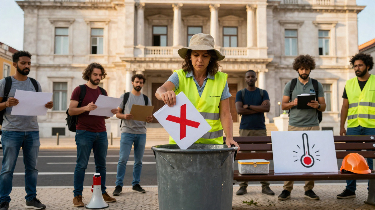 Pessoa com colete amarelo coloca placa com X vermelho no caixote do lixo, outros observam protesto junto a edifício clássico.