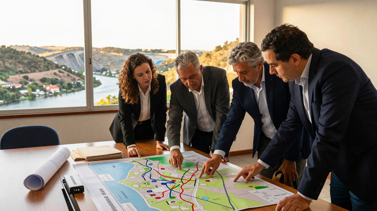Quatro profissionais discutem mapas urbanísticos numa sala com vista para um rio e colinas ao fundo.