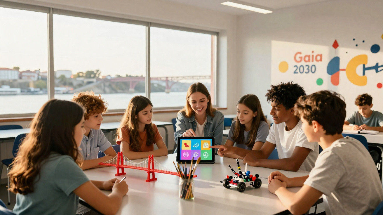 Grupo de crianças numa aula interativa de robótica e programação com professora, em ambiente escolar moderno.
