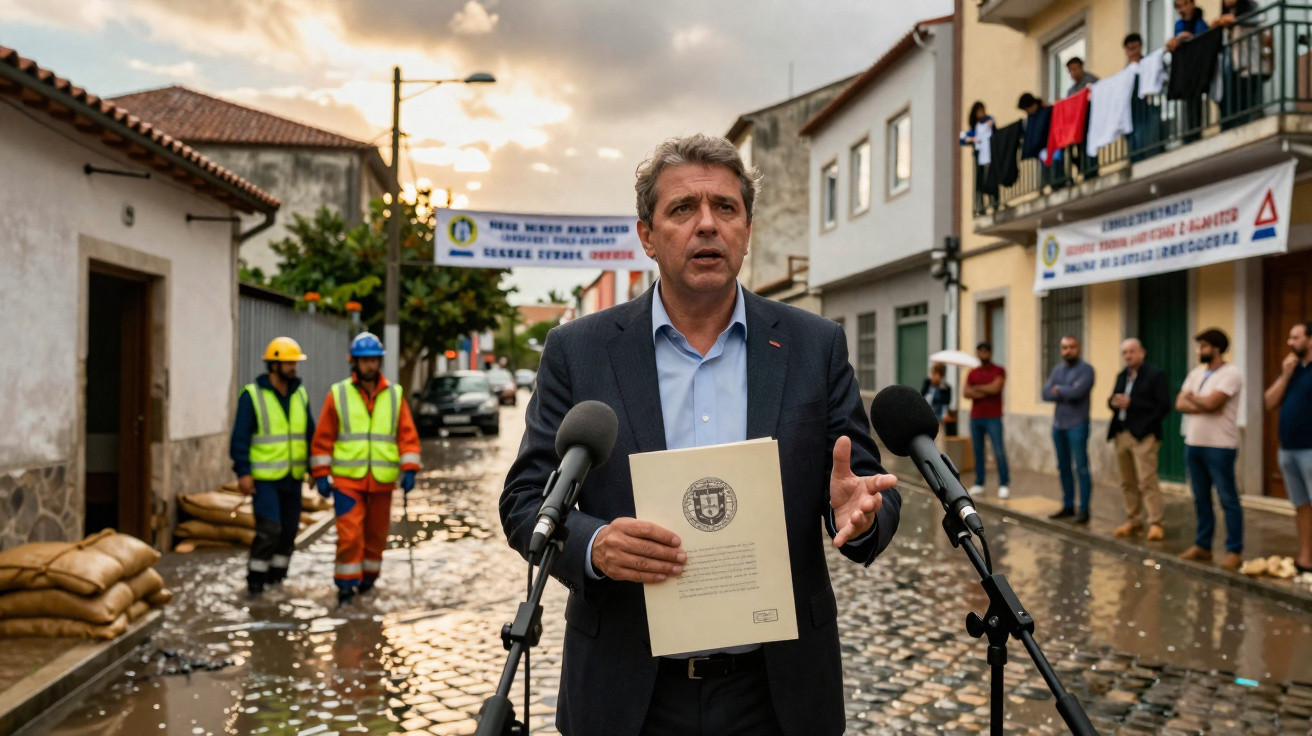 Homem de fato escuro com documento dá declaração em rua alagada com trabalhadores e pessoas ao fundo.