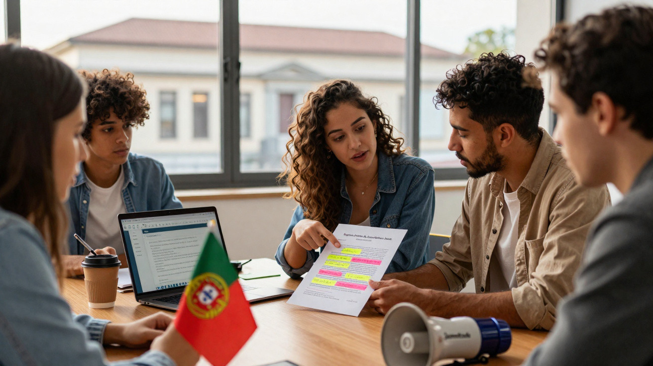 Grupo de jovens reunidos numa sala, discutindo um documento com marcações coloridas.