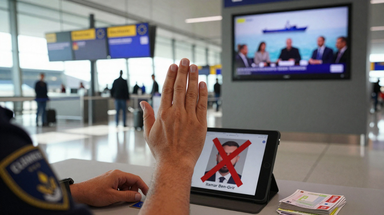 Mão levantada de agente de segurança em aeroporto, com tablet a mostrar rosto riscado e pessoas na zona de check-in ao fundo.