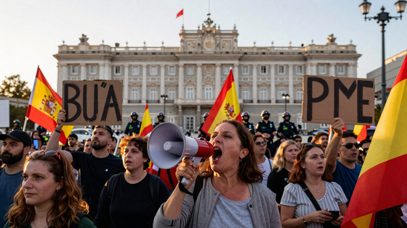 Manifestantes com bandeiras de Espanha protestam em frente a um edifício oficial, uma mulher usa megafone.