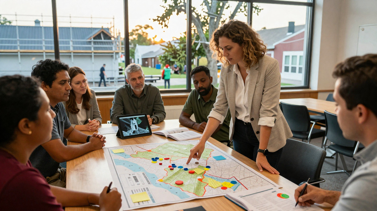 Grupo diversificado em reunião analisando mapa com marcadores coloridos numa sala com janelas grandes.
