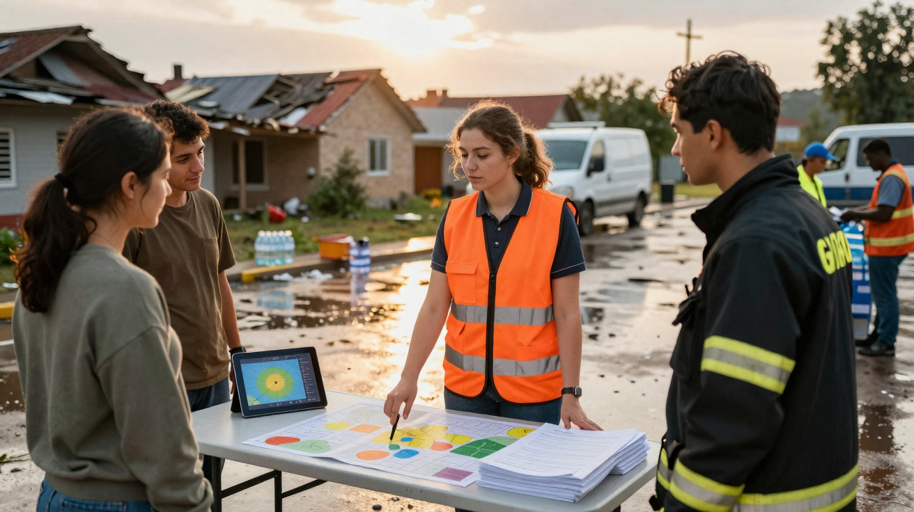 Equipa de emergência a planear estratégias numa zona residencial afetada por desastre natural ao pôr do sol.