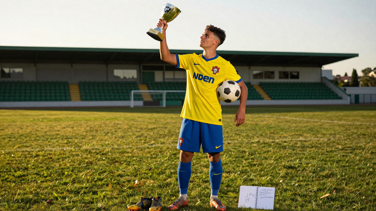 Jovem jogador de futebol com troféu na mão direita e bola na esquerda, no relvado de um estádio vazio.