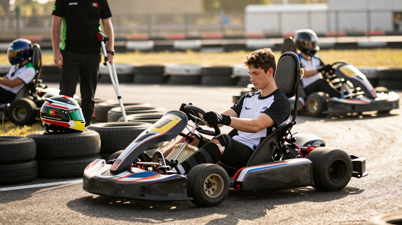Jovem em kart preto num circuito com outros pilotos e um capacete pousado em pneus ao lado.