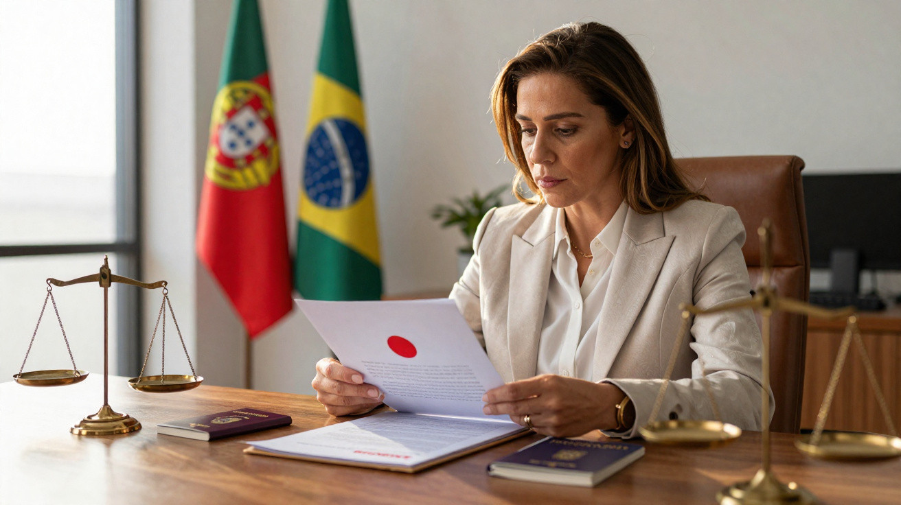 Mulher a ler documento sentada à secretária com bandeiras de Portugal e Brasil ao fundo e balanças da justiça.