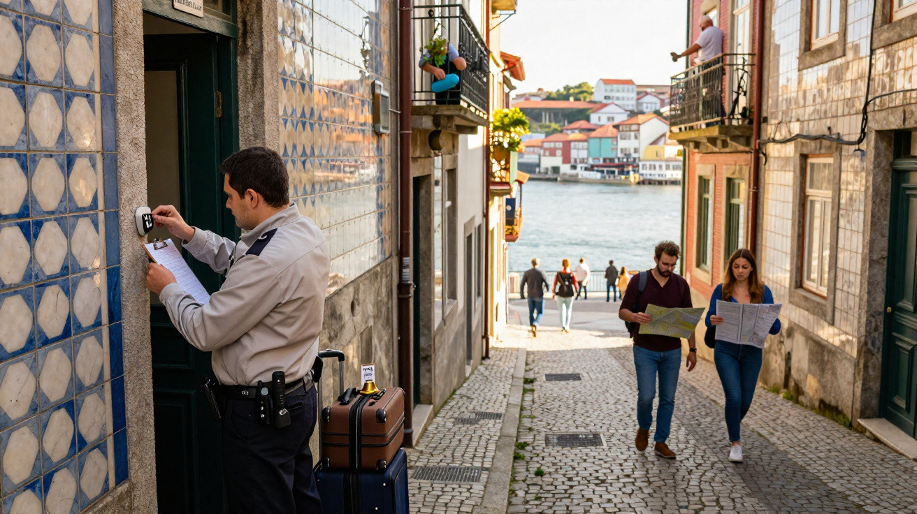 Homem com mala regista entrada numa rua com azulejos, enquanto casal lê mapas numa calçada perto de um rio.