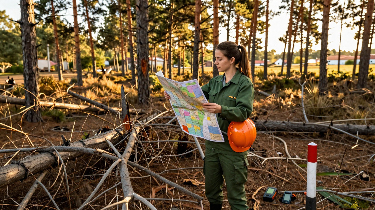 Mulher de uniforme verde analisa mapa numa floresta com árvores caídas ao pôr do sol.