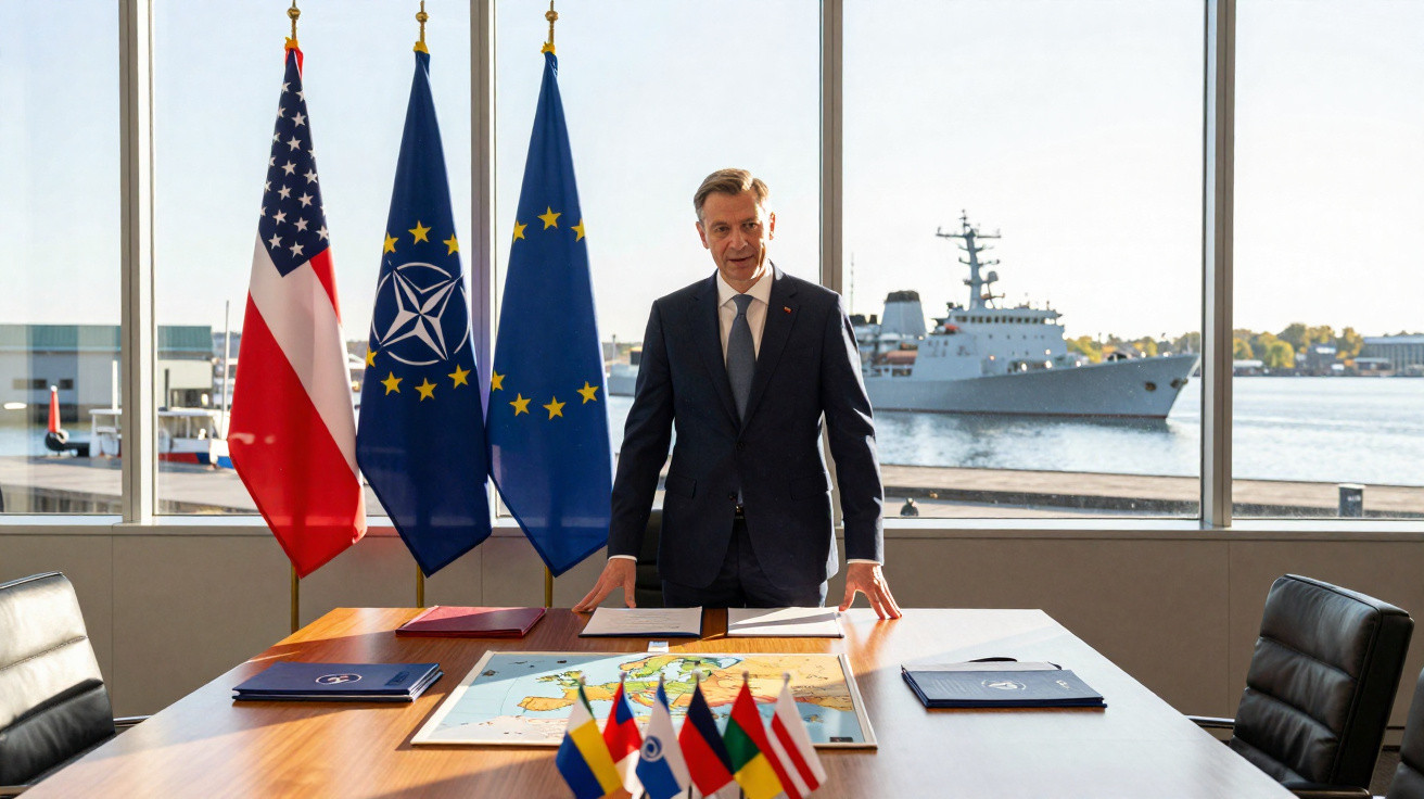 Homem de fato em sala com bandeiras dos EUA, NATO e UE, mapa e miniaturas no centro da mesa, navio militar visível fora.