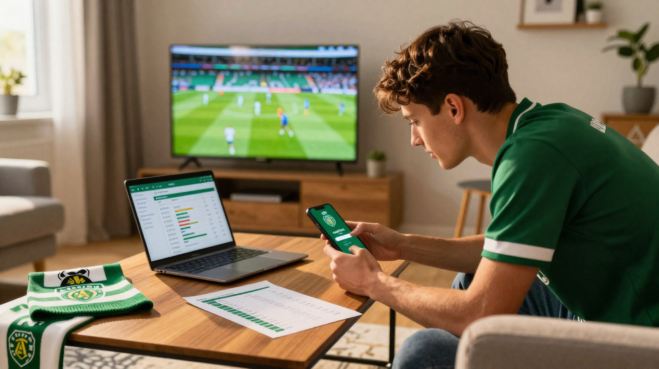 Jovem vestido com camisola verde acompanha jogo de futebol na televisão, com estatísticas no portátil e smartphone.
