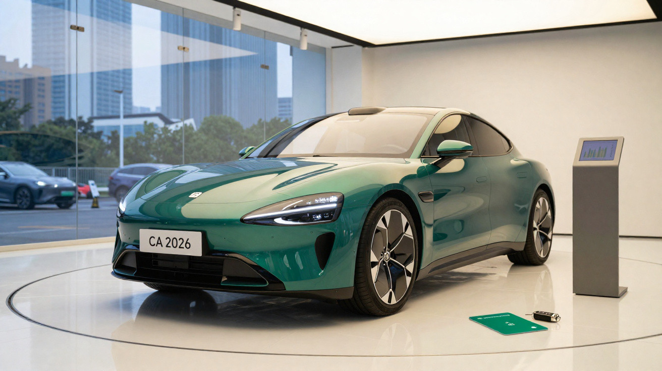 Carro elétrico desportivo verde exibido em exposição moderna com painel informativo e controlo remoto no chão.