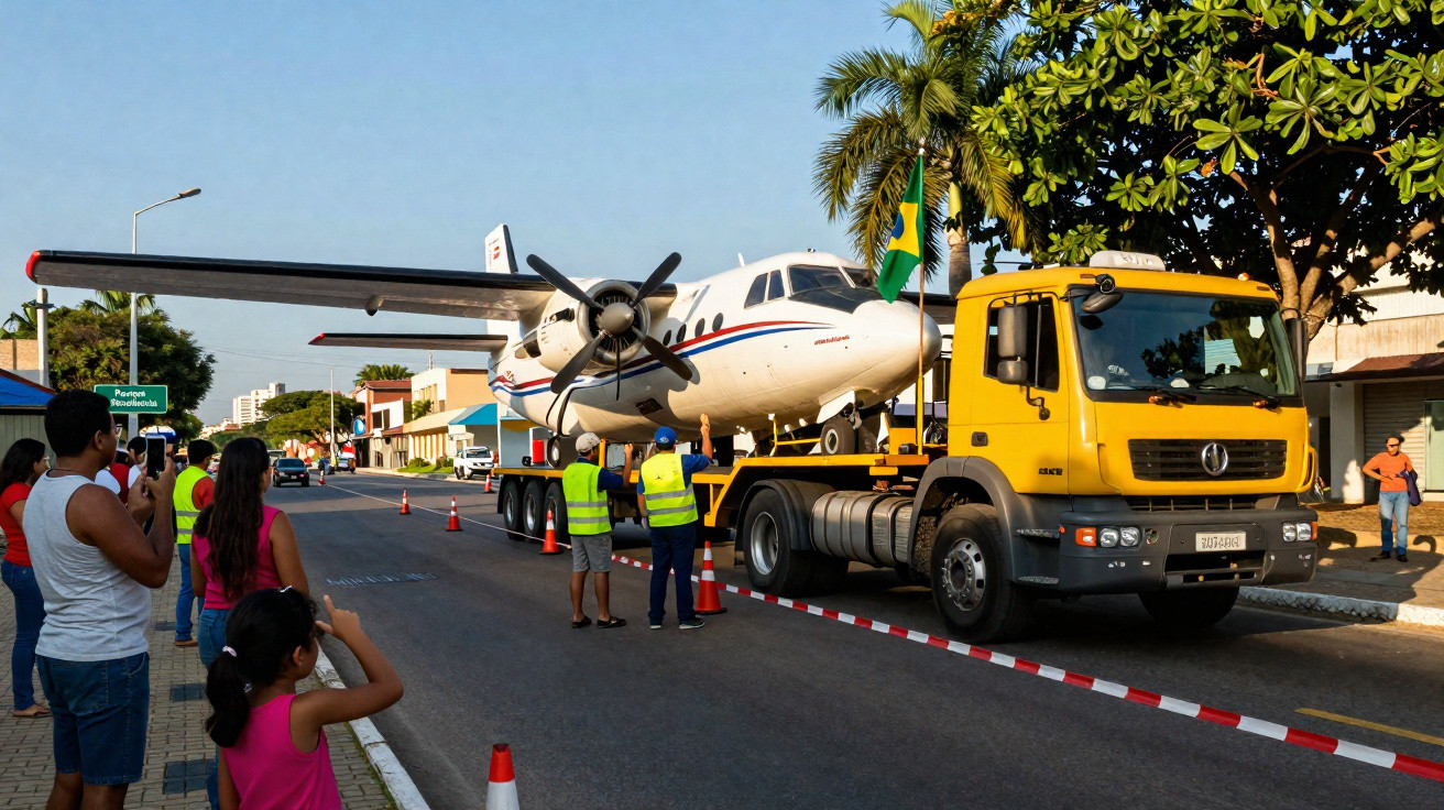 Avião de pequeno porte transportado num camião amarelo numa rua urbana com pessoas a observar e fotografar.