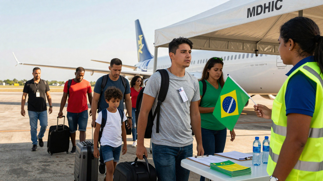 Passageiros com bagagem a bordo de avião, a senhora com colete reflete bandeira do Brasil no aeroporto.