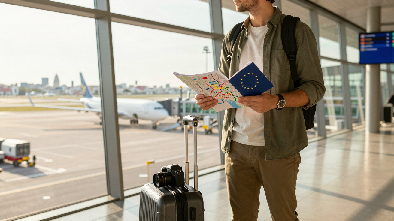 Homem com mala, mochila e passaporte europeu consultando mapa no aeroporto junto a janela com avião estacionado.