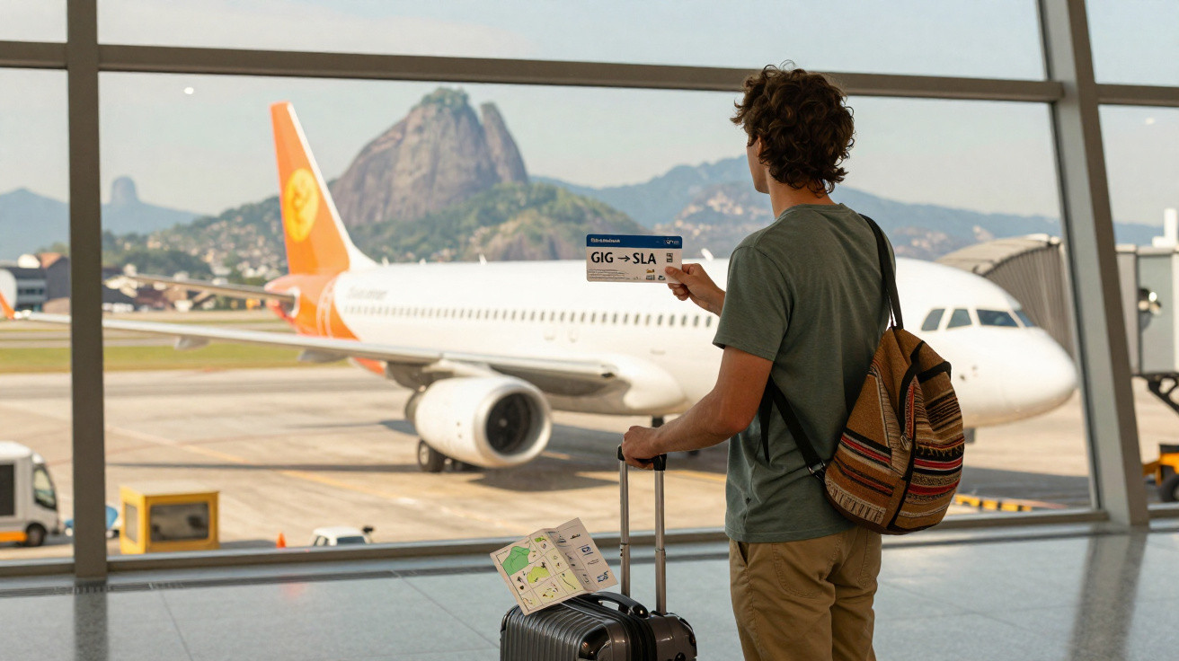 Homem com mochila e mala de viagem em aeroporto, segurando cartão de embarque com avião ao fundo.