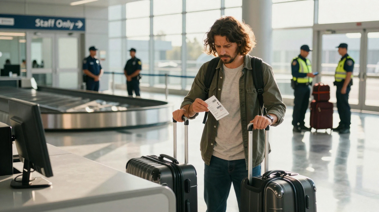 Homem com mochila e duas malas no aeroporto a consultar o bilhete junto da recolha de bagagens.
