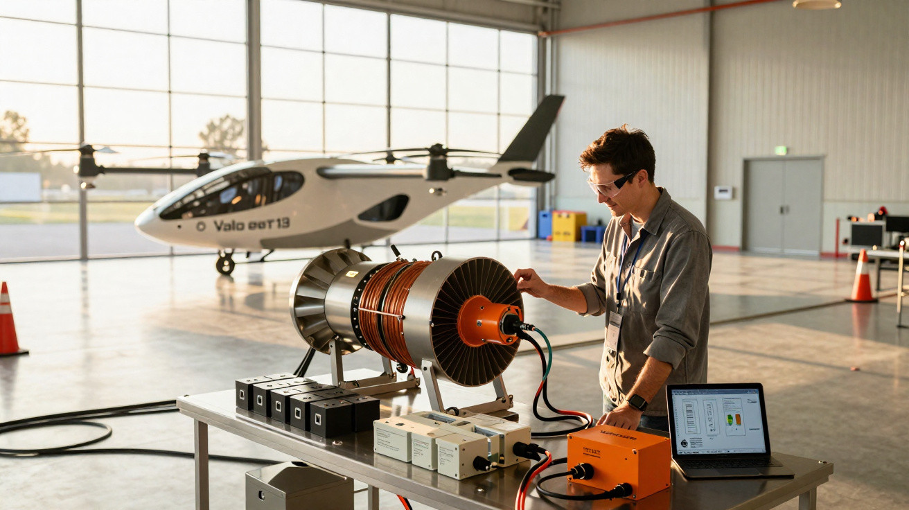 Homem a trabalhar em equipamento elétrico em hangar com helicóptero elétrico ao fundo.