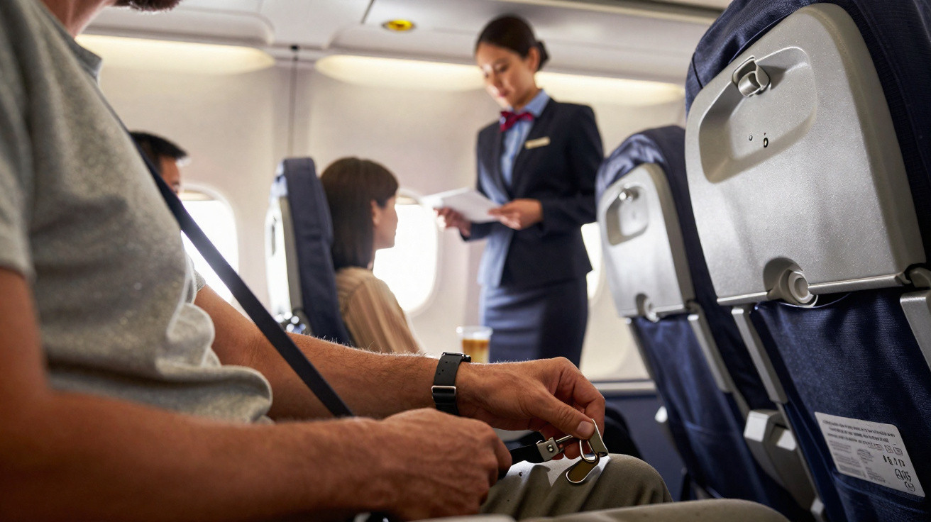 Passageiro a colocar cinto de segurança dentro de avião com comissária e outra passageira ao fundo.